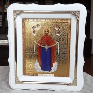 Ікона Пресвята Богородиця Покрова у білому фігурному кіоті під склом, розмір 24*21, розмір літографії 15*18.