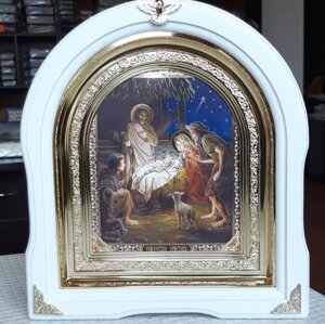 Ікона Різдво Христове в радість в арковому кіоті з декоративними куточками, розмір кіота 28*25, сюжет 15*18