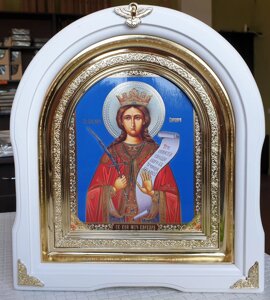 Ікона Свята мучениця Варвара у білому арковому кіоті з декоративні рос. куточками, розмір 28*25, розмір ліку 15*18