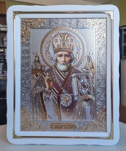 Ікона Святого Миколая Чудотворця в білому фігурному кіоті під склом, розмір кіота 37*47, розмір сюжета 30*40