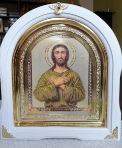 Ікона святий Алексій Божий чоловік у білому арковому кіоті з декоратив. куточками, розмір кіота 28*25, обличчя 15*18