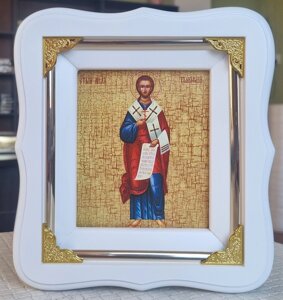 Ікона Святий Апостол Тимофій у білому фігурному кіоті з декоративними куточками, розмір кіота 19*17, лік 10*12