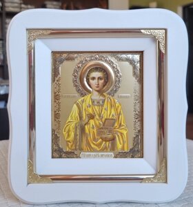 Ікона Святий Пантелеймон Цілитель у білому фігурному кіоті з декоративними куточками, розмір 19*17, лік 10*12