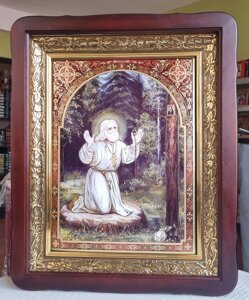 Ікона Святий Серафим Саровський в темному фігурному кіоті під склом, розмір кіота 5343, розмір сюжета 30*40