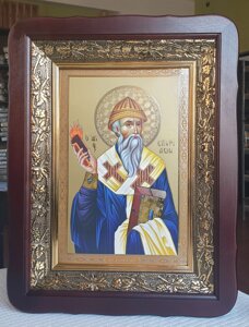 Ікона Святий Спіридон Триміфунтський у темному дерев'яному фігурному кіоті під склом, кіот 32*42, сюжет 20*30