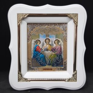 Ікона Свята Трійця у білому фігурному кіоті з декоративними куточками під склом, розмір 19*17, лік 10*12