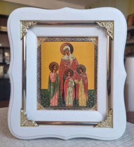 Ікона Віра, Надія, Любов і Софія у білому фігурному кіоті з декоративними куточками, розмір 19*17, лік 10*12