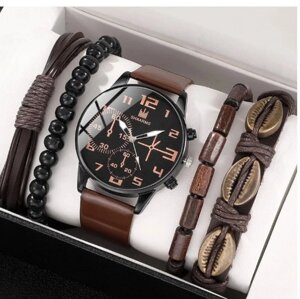 Набір подарунковий кварцовий годинник браслети бісер коричневий