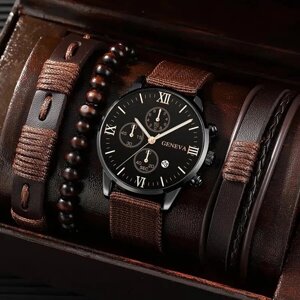 Набір подарунковий кварцовий годинник браслети бісер коричневий