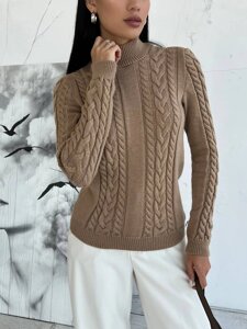 В'язаний жіночий светр з візерунком коси колір кемел р. 42/46 443570