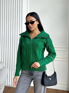 Жіночий светр з V-подібним коміром та блискавкою колір зелений нар. 42/46 445973