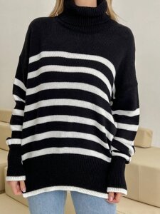 Жіночий смугастий светр чорний/молочний р. 42/46 444016