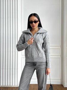 Жіночий светр з V-подібним коміром та блискавкою колір сірий р. 42/46 445970