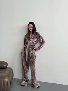 Жіноча піжама двійка плюш велюр колір мокко нар. 42/44 452518