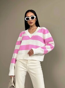 Жіночий светр з V-образним вирізом колір молочний-рожевий р. 42/46 432194