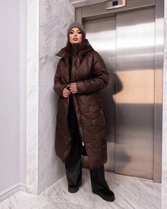 Жіноче стьобане тепле пальто колір шоколад нар. 50/52 448456