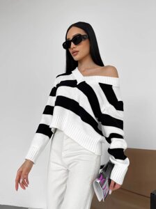 Жіночий светр з V-образним вирізом колір молочний-чорний 432190