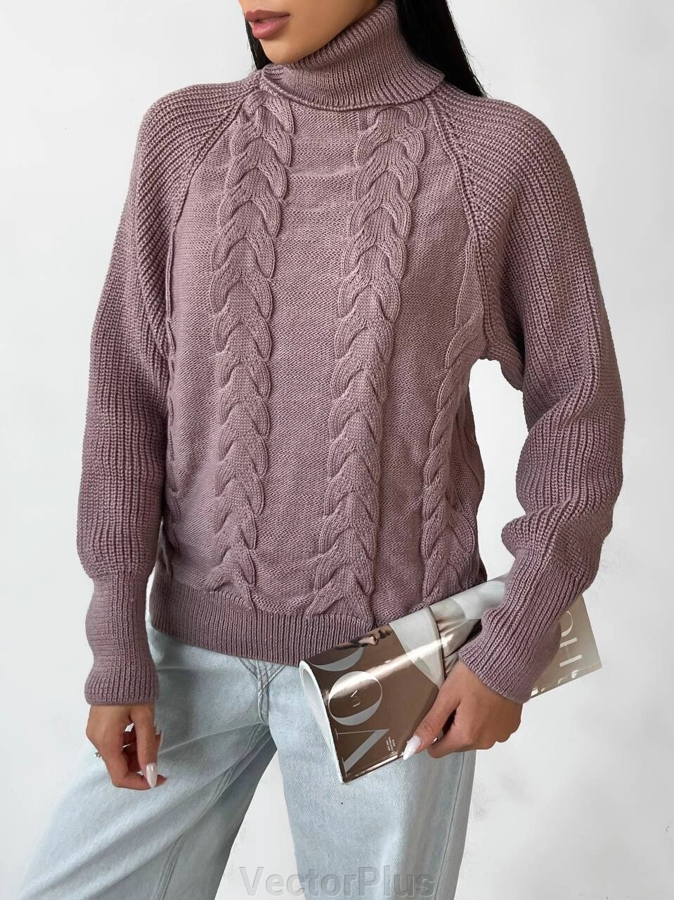 В'язаний жіночий светр з об'ємними рукавами колір кавовий р. 42/46 443581 від компанії VectorPlus - фото 1