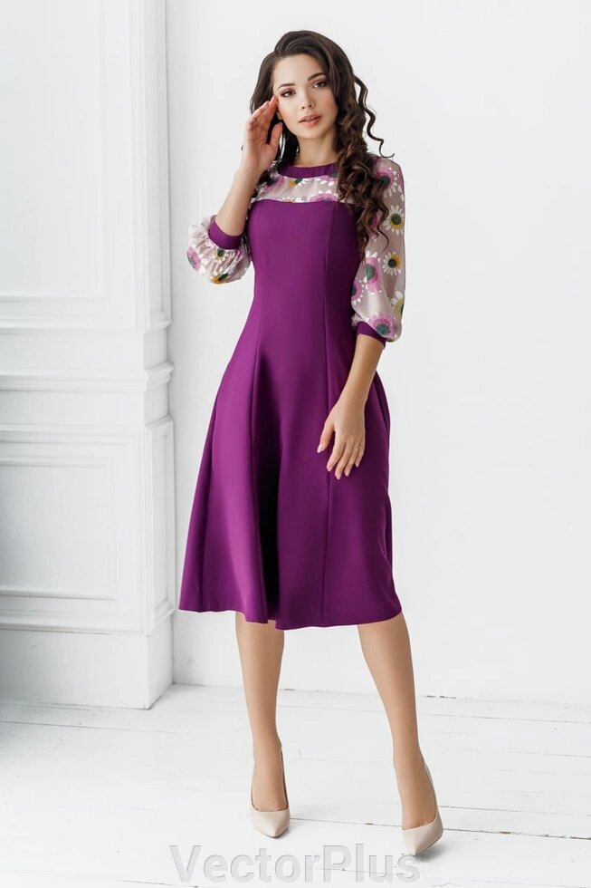 Женское платье со вставками из принтованого шифона фиолетовое р. 42/44 381707 від компанії VectorPlus - фото 1