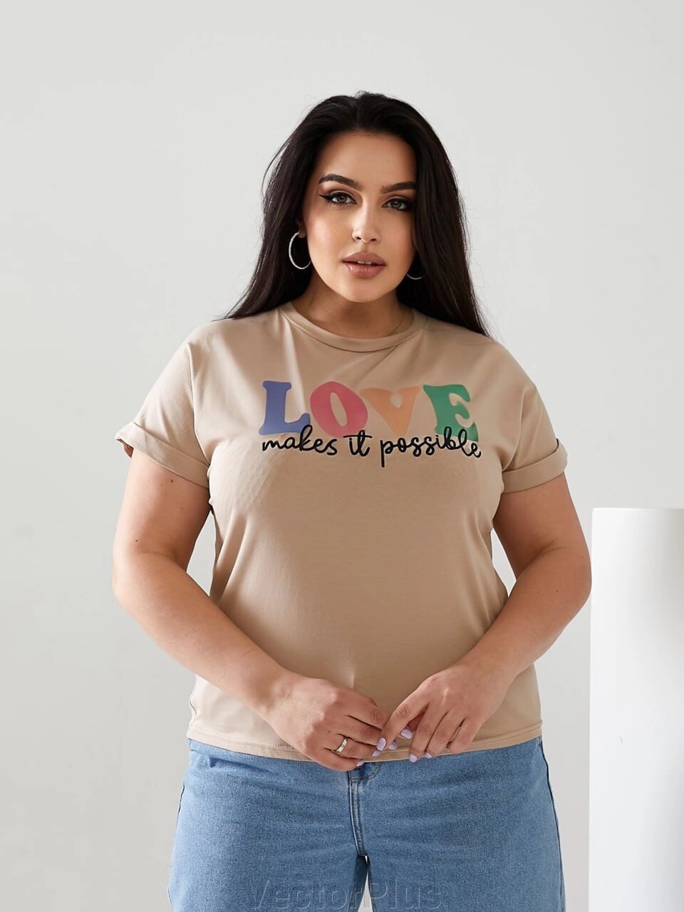 Жіноча футболка LOVE колір бежевий р. 42/46 432430 від компанії VectorPlus - фото 1