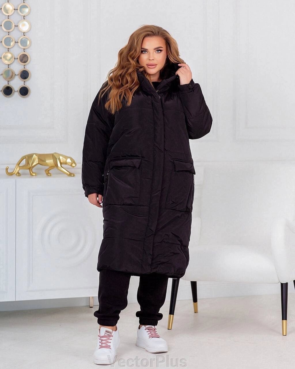 Жіноча тепла куртка-пальто з капюшоном чорний колір р. 42/44 448984 від компанії VectorPlus - фото 1