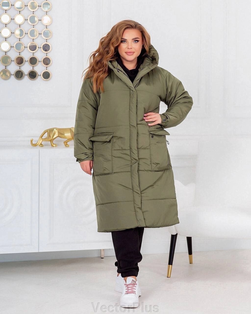 Жіноча тепла куртка-пальто з капюшоном колір хакі нар. 42/44 448985 від компанії VectorPlus - фото 1