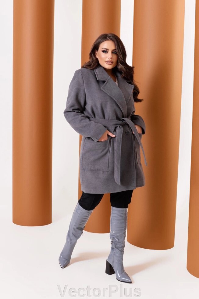 Жіноче пальто від кашеміру на підкладці із сірим поясом річки. 48/50 376133 від компанії VectorPlus - фото 1