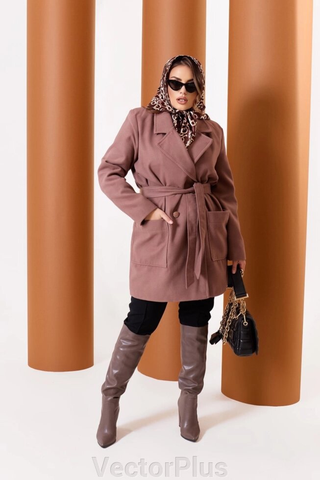 Жіноче пальто від кашеміру на підкладці з поясом капучино с. 52 \ 54 376131 від компанії VectorPlus - фото 1