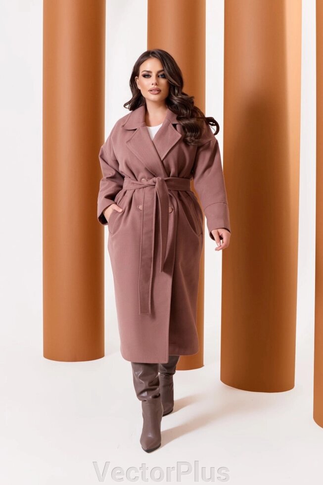 Жіноче пальто від кашеміру на підкладці з поясом кольору капучино r. 48/50 376112 від компанії VectorPlus - фото 1