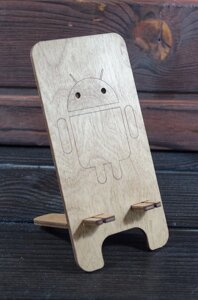 Дерев'яна підставка для смартфона, телефону з гравіруванням "Андроїд"