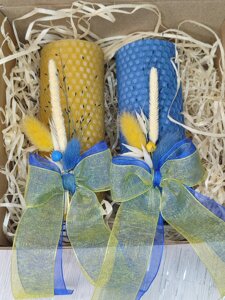 Набір натуральних свічок із вощини в жовто-блакитних кольорах з декором, 2шт. набір