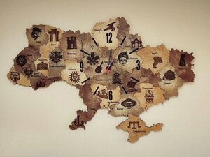 Дерев'яний годинник-пазл "Карта України". Багатошарова Карта України 80*55см