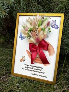 Дерев'яна листівка із сухоцвітами, картина із сухоцвітів, подарунок вчителю, вихователю