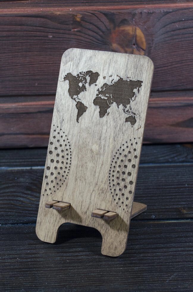 Дерев&#039;яна підставка для смартфона, телефону з гравіруванням &quot;Карта світу&quot; - характеристики