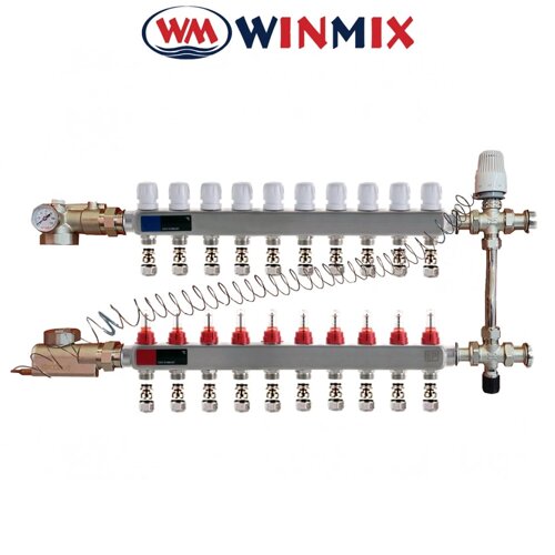 Колекторний вузол у зборі з 3-х ходовим клапаном для системи "ТЕПЛА ПІДЛОГА" Winmix на 10 виходу (балка нержавіюча сталь)