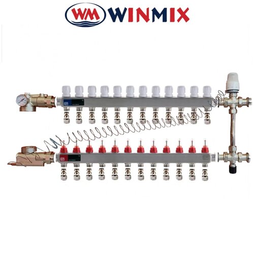 Колекторний вузол у зборі з 3-х ходовим клапаном для системи "ТЕПЛА ПІДЛОГА" Winmix на 12 виходи (балка нержавіюча сталь)