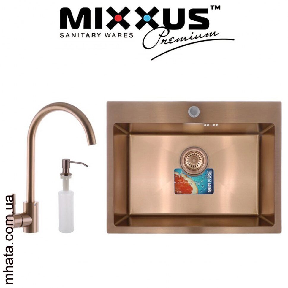 Кухонна мийка Mixxus SET 6045-200x1.0-PVD-BRONZE (зі змішувачем, диспенсером, сушінням у комплекті) від компанії Модна Хата - фото 1