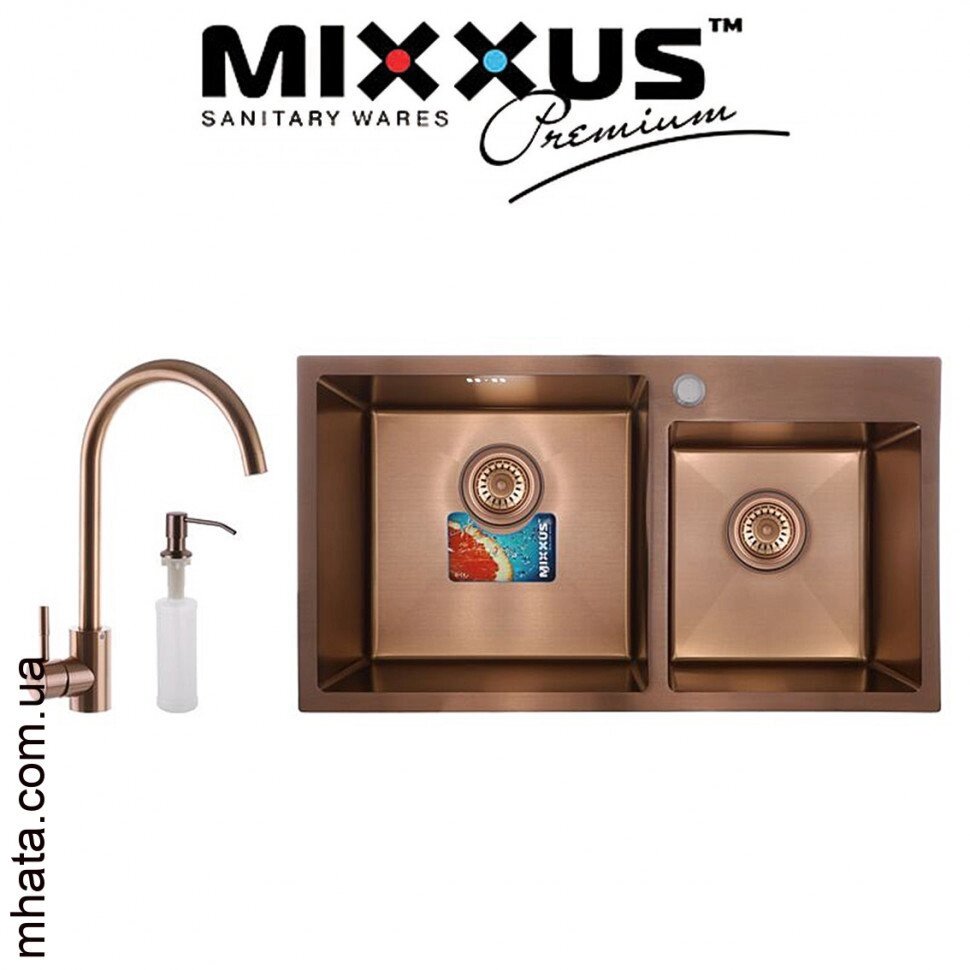 Кухонна мийка Mixxus SET 7843 D-220x1.0-PVD-BRONZE (зі змішувачем, диспенсером) від компанії Модна Хата - фото 1