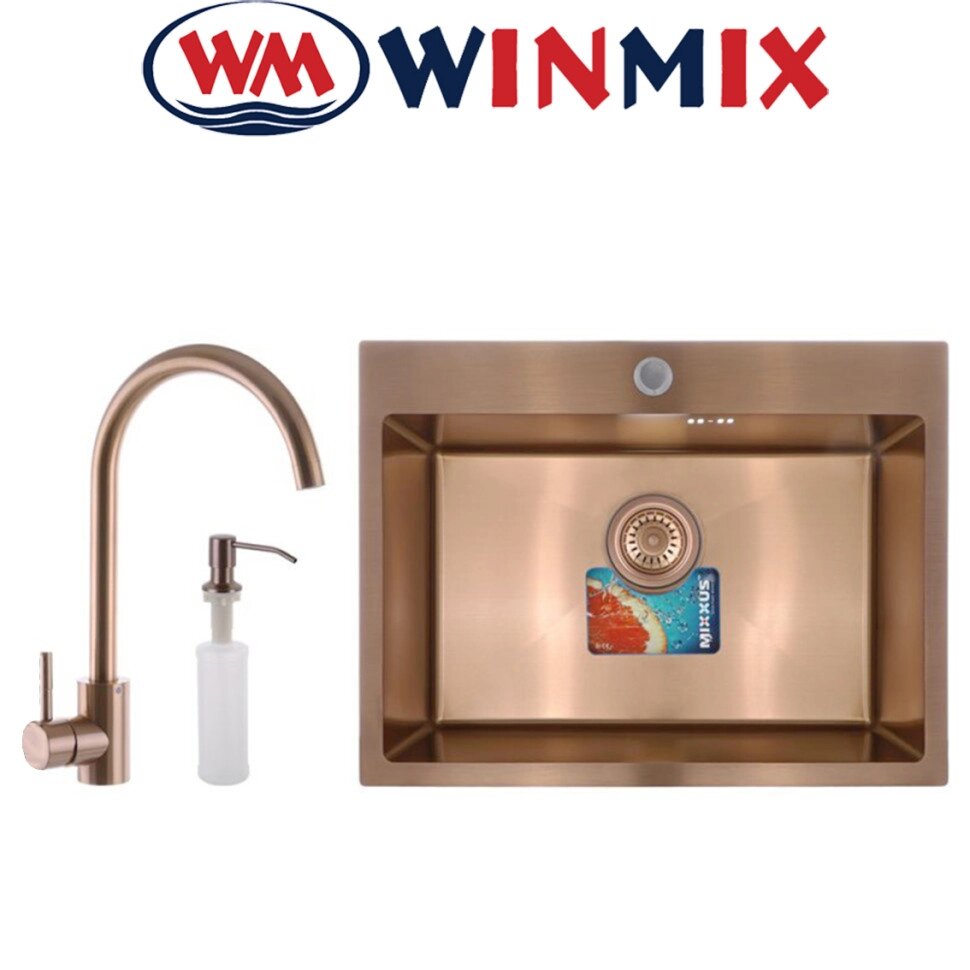 Кухонна мийка Winmix SET 6045-200x1.0-PVD-BRONZE (зі змішувачем, диспенсером, сушкою у комплекті) від компанії Модна Хата - фото 1