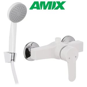 Змішувач для душової кабіни AMIX CEZAR-003 SET White (зі шлангом, лійки та кронштейном), Білий