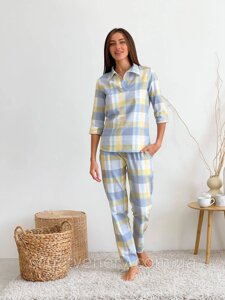 Жіночий Домашній комплект у клітинку трійка сорочка+штани+ футболка жовто-сірий Cosy