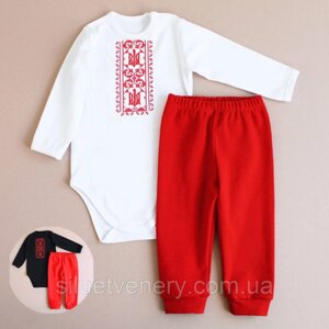 Набір вишиванка на хлопчика Бодік білий для немовлят та червоні штани 68