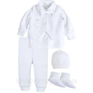 Комплект одягу новонародженого хлопчика із п'яти предметів на хрещення з вишивкою Білий
