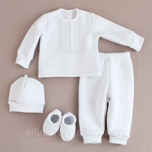 Теплий костюм для новонародженого Вишита кофта, штани, шапочка, пінетки - 0-3, 3-6, 6-9, 12 місяців