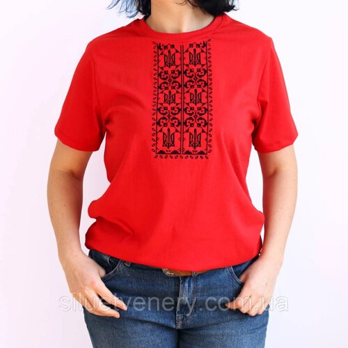 Жіноча вишита футболка червона Тризуб короткий рукав XXL