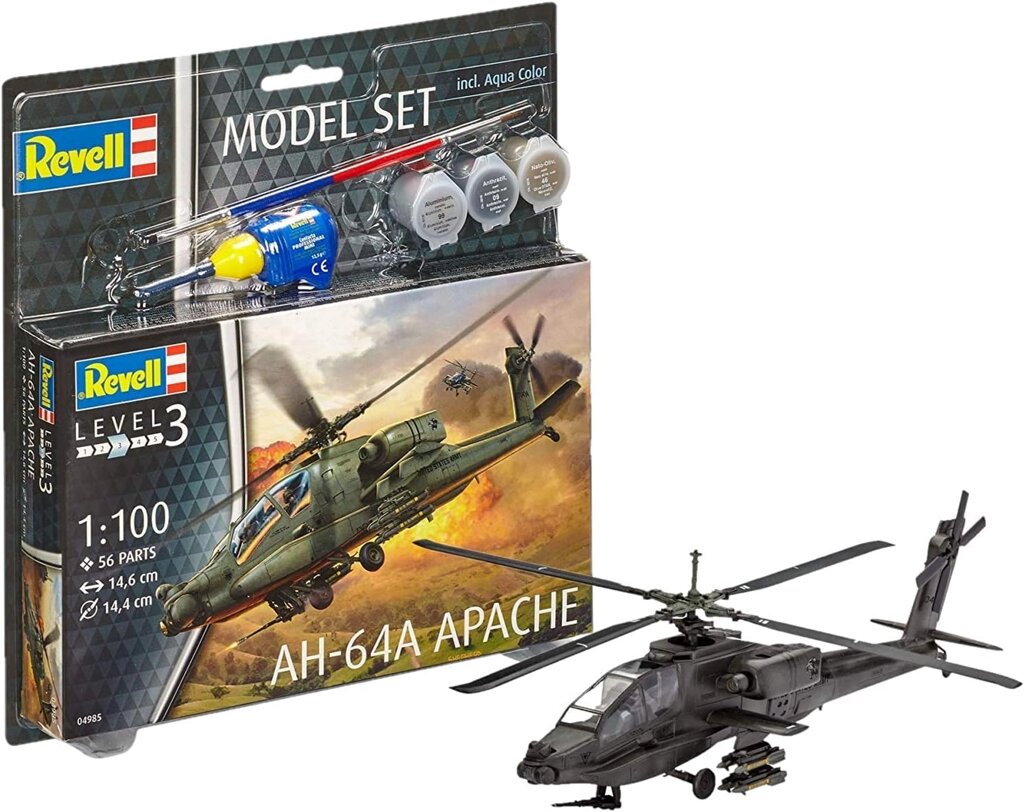 AH-64A Apache Model Set. Подарунковий набір зі збірною моделлю американського вертольота у масштабі 1/100. REVELL 64985 від компанії Хоббінет - збірні моделі - фото 1