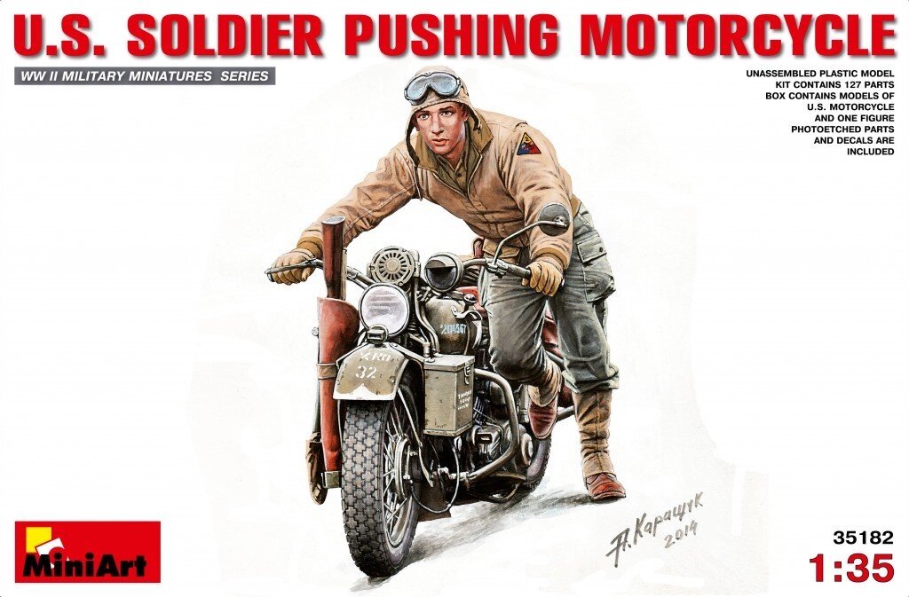 Американський солдат штовхає мотоцикл. 1/35 MINIART 35182 від компанії Хоббінет - збірні моделі - фото 1