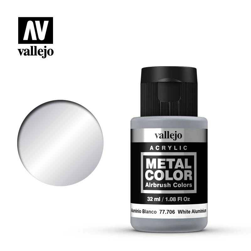 Білий алюміній. Фарба акрилова 32мл. VALLEJO METAL COLOR 77706 від компанії Хоббінет - збірні моделі - фото 1