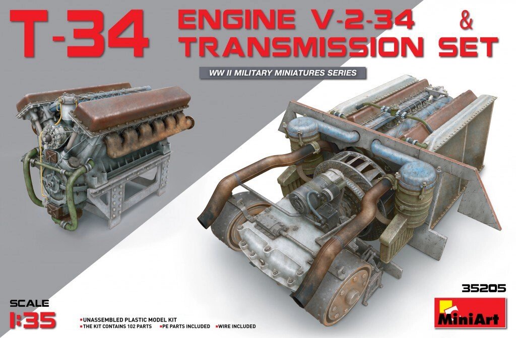 Двигун V-2-34 з трансмісією для танка Т-34. 1/35 MINIART 35205 від компанії Хоббінет - збірні моделі - фото 1