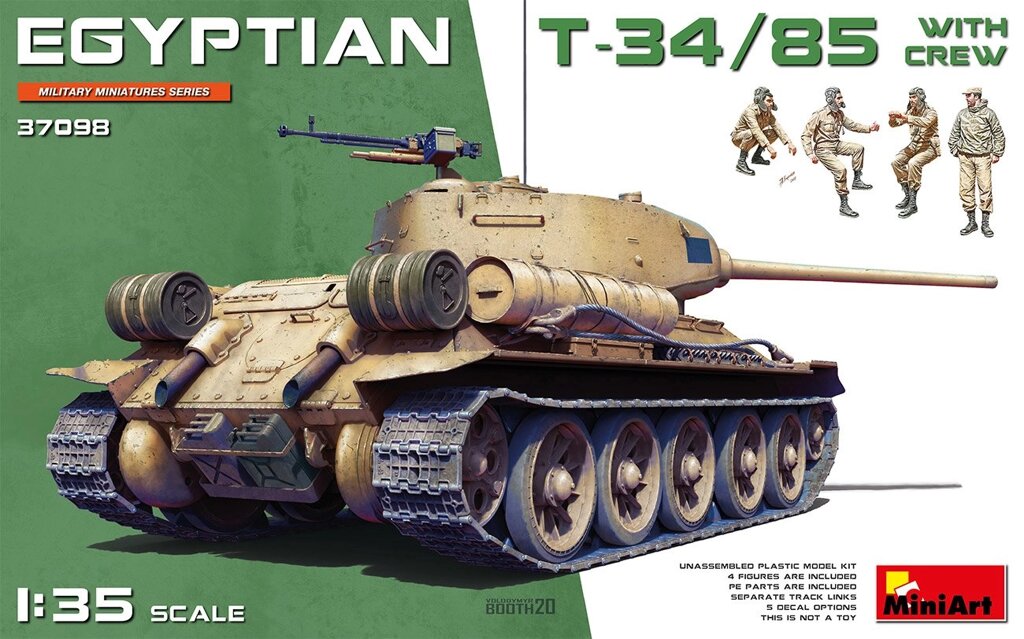 Єгипетський танк Т-34/85 з екіпажем. Збірна модель танка. 1/35 MINIART 37098 від компанії Хоббінет - збірні моделі - фото 1